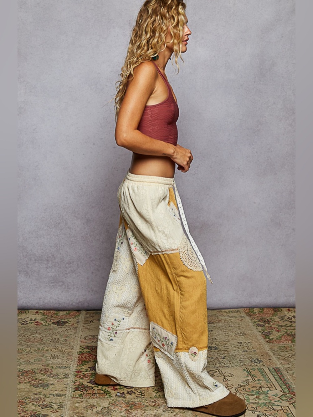 POL Patchwork Cream and Mustard Top and Wide-Leg pant set - Picture 2 of 12